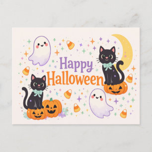 Lieve Vriendelijke Katten Geesten Pompoenen Hallow Feestdagenkaart