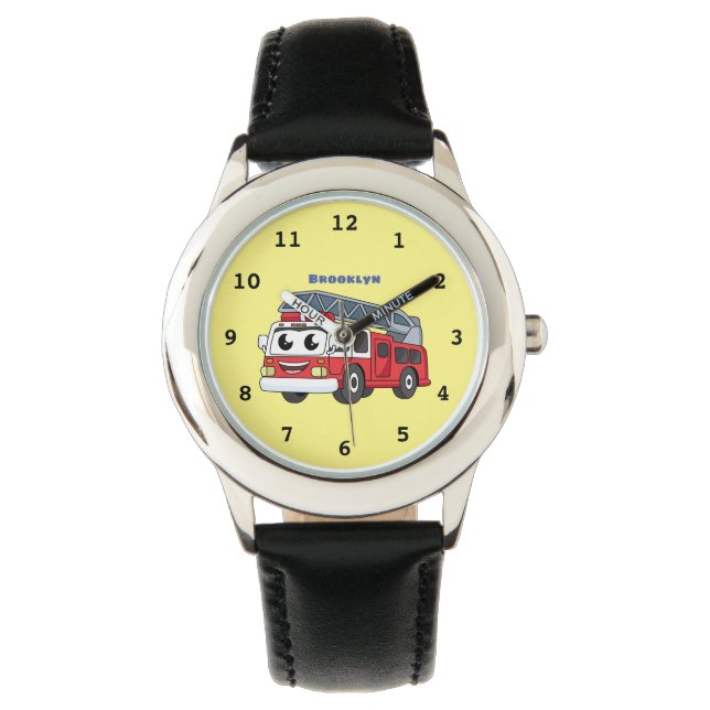 Lieve vrolijke brandweerautocartoon horloge (Voorkant)