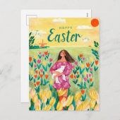 Lieve vrouw in het voorjaar in tulpenveld Pasen Feestdagenkaart (Voorkant / Achterkant)