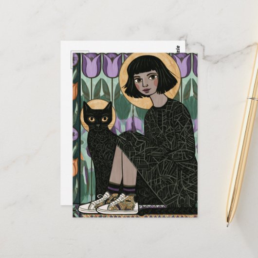 Lieve vrouw zittend met haar kat briefkaart (Voorkant / Achterkant in situ)