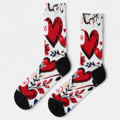 Lieve vrouwelijke rode harten, bloemmotief. Monogr Sokken (Links)