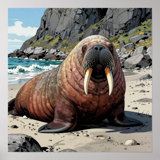 Lieve Walrus op een Zandstrand Poster (Voorkant)