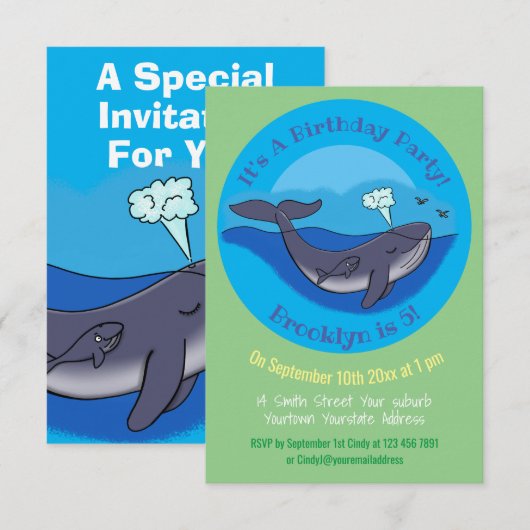 Lieve walvis en kalf speelse cartoon uitnodiging (Voorkant / Achterkant)