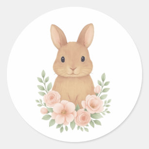 Lieve Watercolor Konijn en Roze Bloemen Verjaardag Ronde Sticker