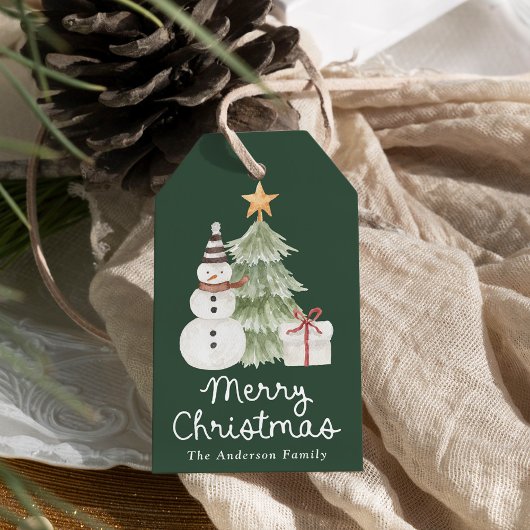 Lieve waterverf illustraties groene kerst cadeaulabel