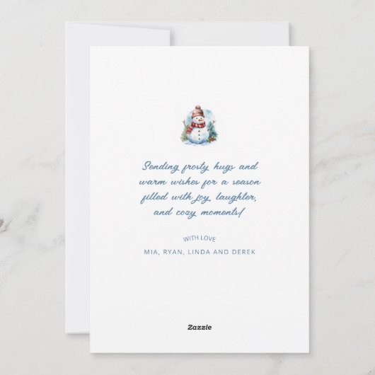 Lieve waterverf moderne rode blauwe witte sneeuwma feestdagenkaart (Achterkant)