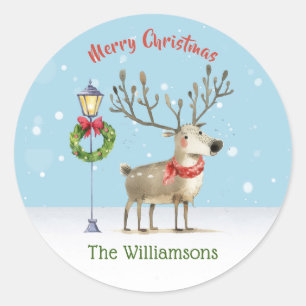 Lieve Waterverf Rendier Kerstboom Kaart Ronde Sticker