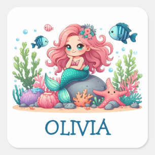 Lieve Whimsicale Meermin En Vis Gepersonaliseerd Vierkante Sticker