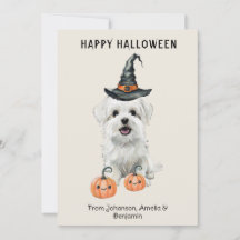 Lieve Witte Hond Halloween Kaart | Heksenhoed Pomp