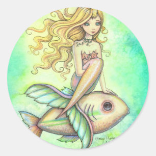 Lieve zeemeermin en vis fantasie kunst ronde sticker