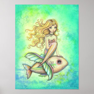 Lieve Zeemeermin en Vis Fantasie Kunst Schilderij Poster