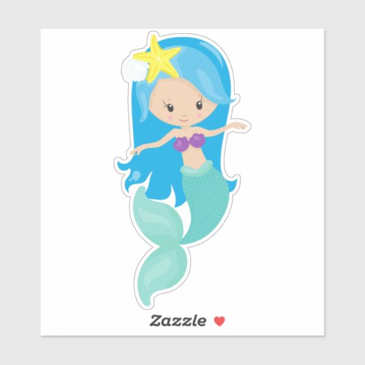 Lieve Zeemeermin, Kleine Zeemeermin, Blauwe Haren, Sticker (Vel)