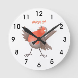 Lieve zingende roodborst vogel cartoon ronde klok