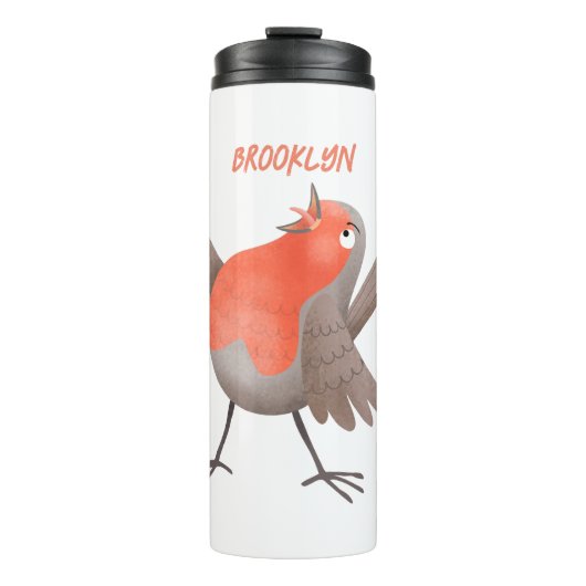 Lieve zingende roodborst vogel cartoon thermosbeker (Voorkant)
