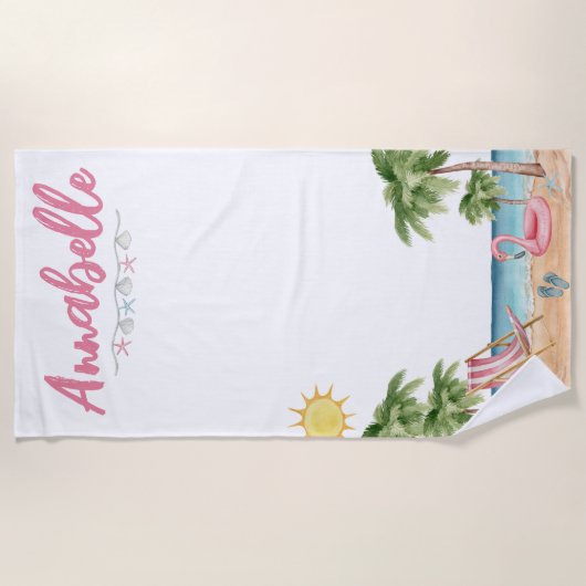 Lieve Zomer Naam Waterverf Palmboom Tropisch Strandlaken (Voorkant)