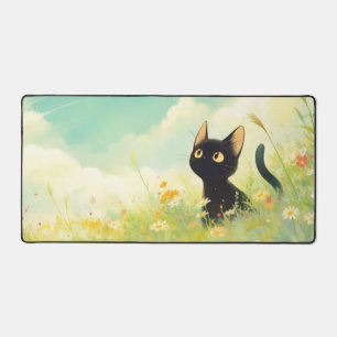 Lieve Zwarte Kat Gouden Oog Zonnige Wilde Bloem Bureaumat