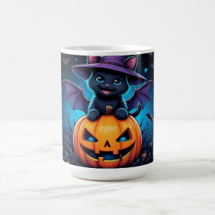 Lieve Zwarte Kat Heks Zittend op Jack O Lantern Koffiemok