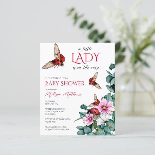 Lievebug kleine dame baby shower budget uitnodigin (Staand voorkant)