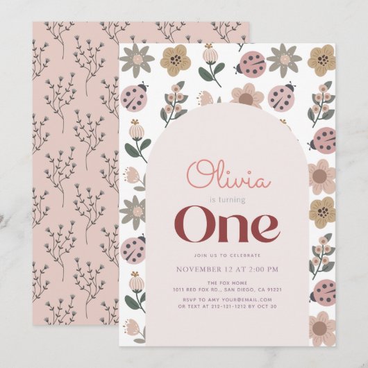 Lieveheersbeestje & bloemenpatroonboog 1e verjaard kaart (Voorkant / Achterkant)