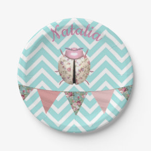 Lieveheersbeestje chevron bloemig cute roze blauw  papieren bordje