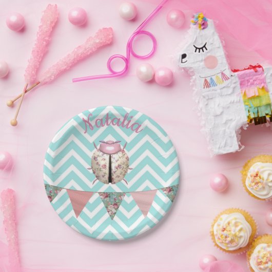 Lieveheersbeestje chevron floraal schattig roze bl papieren bordje (Feest)