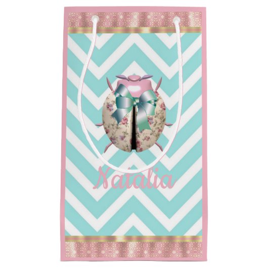 Lieveheersbeestje chevron roze blauw bloemig schat klein cadeauzakje (Voorkant)