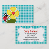 Lieveheersbeestje en bloem op Blue-Green Gingham Visitekaartje (Voorkant / Achterkant)