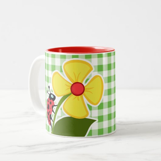 Lieveheersbeestje; Groen gecontroleerd; Gingham Tweekleurige Koffiemok (Voorkant links)