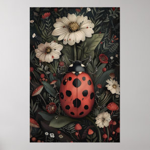 Lieveheersbeestje in donkere bloementuinprint, som poster