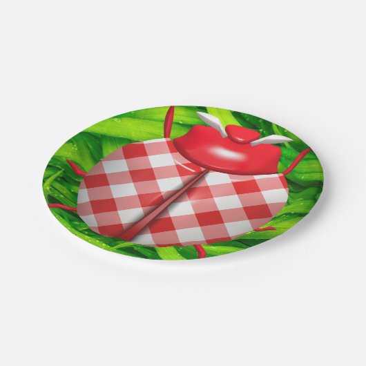 Lieveheersbeestje in gras gingham check schattig r papieren bordje (Gekanteld)