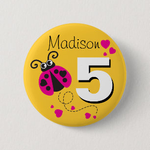 Lieveheersbeestje meisjes 5e verjaardag naam roze ronde button 5,7 cm
