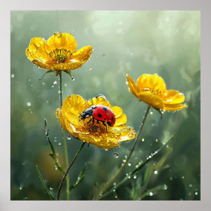🐞 Lieveheersbeestje met Gele Bloemen Natuur Scene Poster