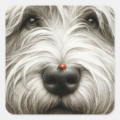 Lieveheersbeestje op de neus van een Shaggy Dog Vierkante Sticker (Voorkant)