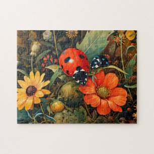 Lieveheersbeestje op een eenvoudige dahlia bloesem legpuzzel