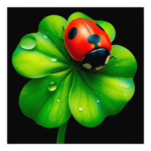 Lieveheersbeestje op een met dauw bedekt blad foto afdruk