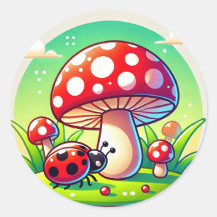 Lieveheersbeestje op Gras met Paddenstoel Tuinlief Ronde Sticker