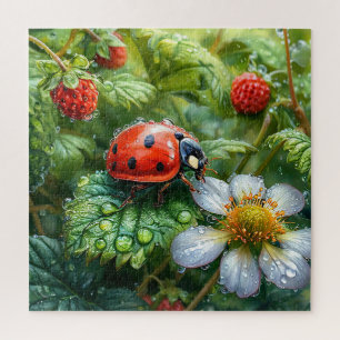 Lieveheersbeestje op met dauw bedekte aardbeienpla legpuzzel