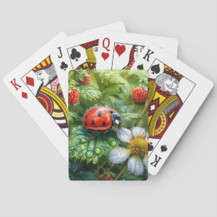 Lieveheersbeestje op met dauw bedekte aardbeienpla pokerkaarten