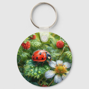 Lieveheersbeestje op met dauw bedekte aardbeienpla sleutelhanger