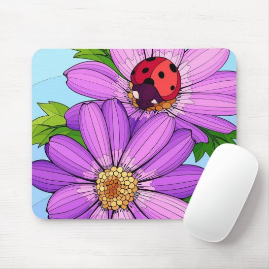 Lieveheersbeestje op Paarse Daisy Muismat (Met muis)
