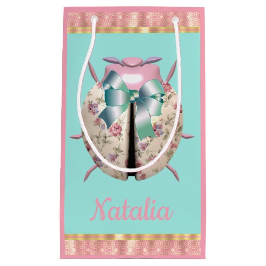 Lieveheersbeestje roos viooltjes bloemenroze blauw klein cadeauzakje (Voorkant)