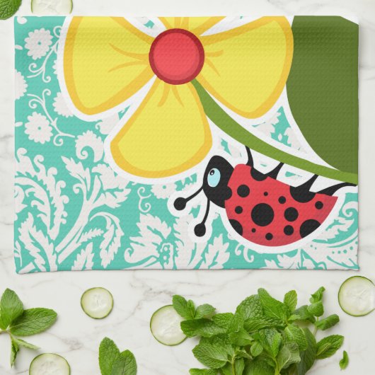 Lieveheersbeestje; Seafoam Green Damask Theedoek (Gevouwen)