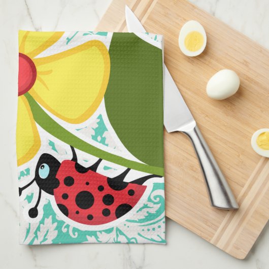 Lieveheersbeestje; Seafoam Green Damask Theedoek (Quarter Fold)