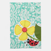 Lieveheersbeestje; Seafoam Green Damask Theedoek (Verticaal)