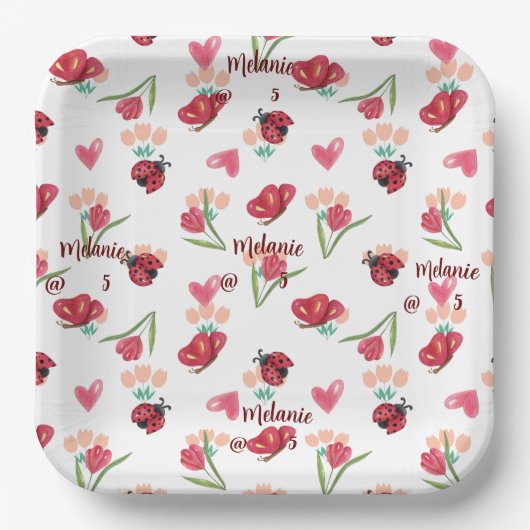 Lieveheersbeestje, vlinder en tulp hartpatroon papieren bordje (Voorkant)