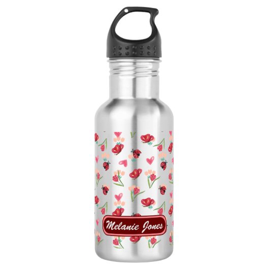 Lieveheersbeestje, vlinder en tulp hartpatroon waterfles (Voorkant)