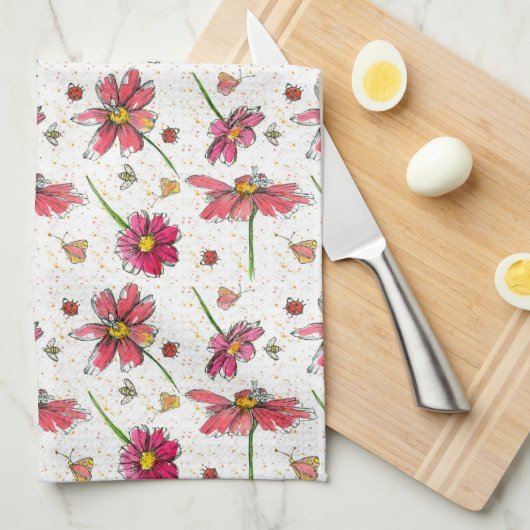 Lieveheersbeestjes Bijen Waterverf Bloemen Theedoek (Quarter Fold)