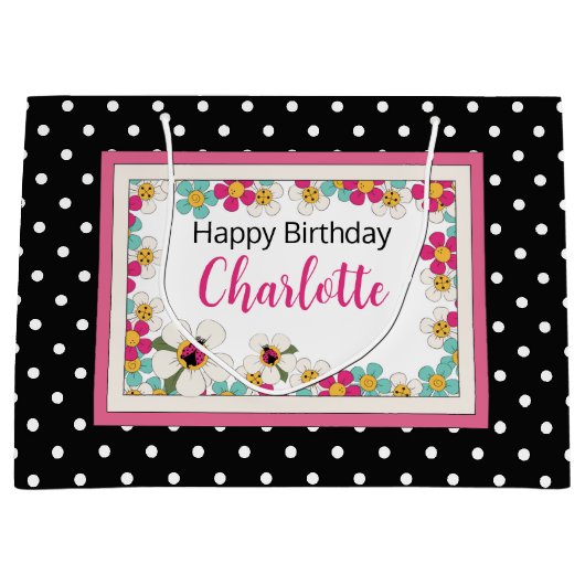 Lieveheersbeestjes en bloemen Verjaardag Groot Cadeauzakje (Voorkant)