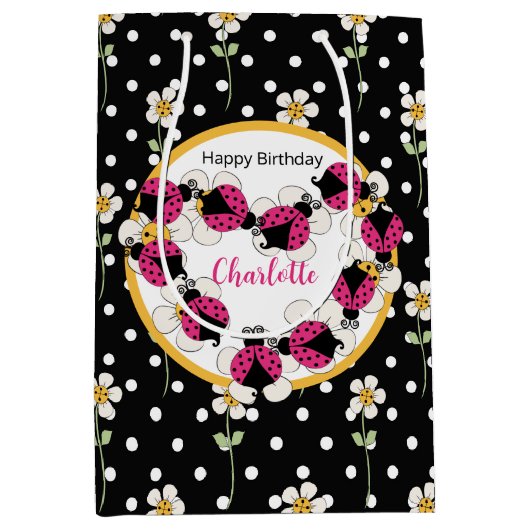 Lieveheersbeestjes en bloemen Verjaardag Medium Cadeauzakje (Voorkant)