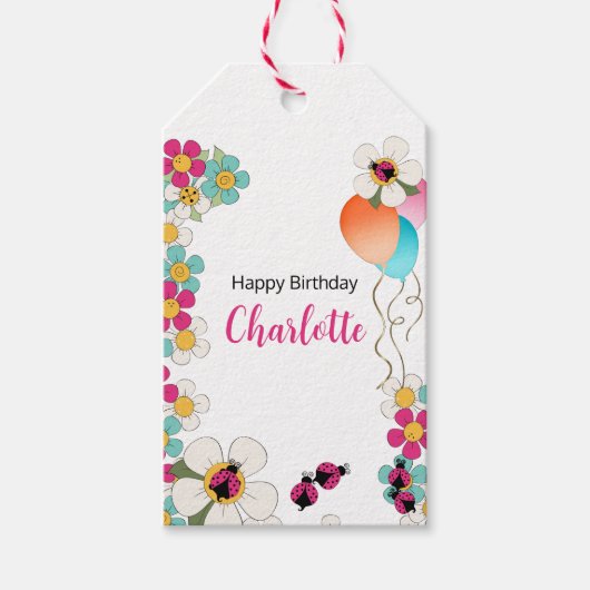 Lieveheersbeestjes en bloemen Verjaardagsfeest Cadeaulabel (Voorkant)
